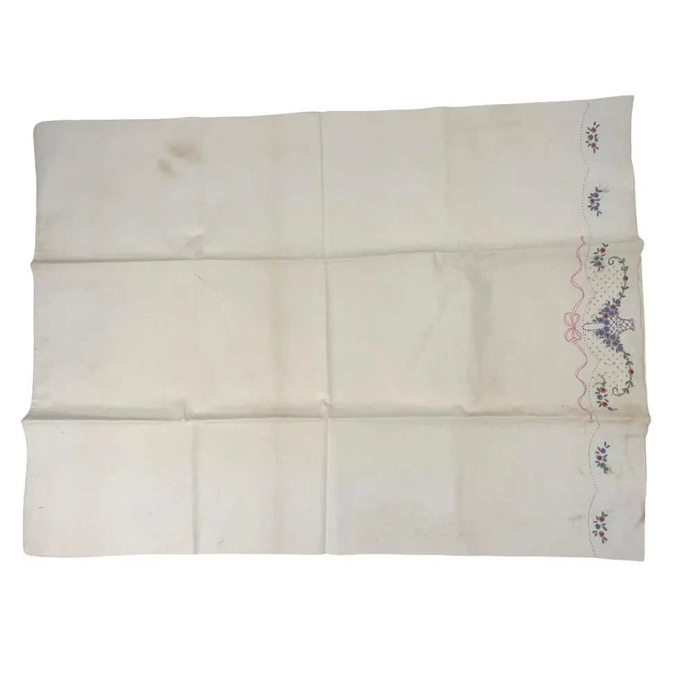 Vintage Hand-Embroidered Single Pillowcase Pink & Blue Floral Bouquet